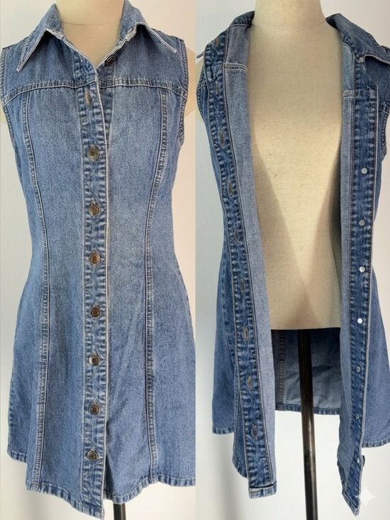 County Seat Jeanswear Dresses & Skirts - Vintage 90s Blue Denim Button Front Mini Dress Tunic Cardigan Cotton Cottage